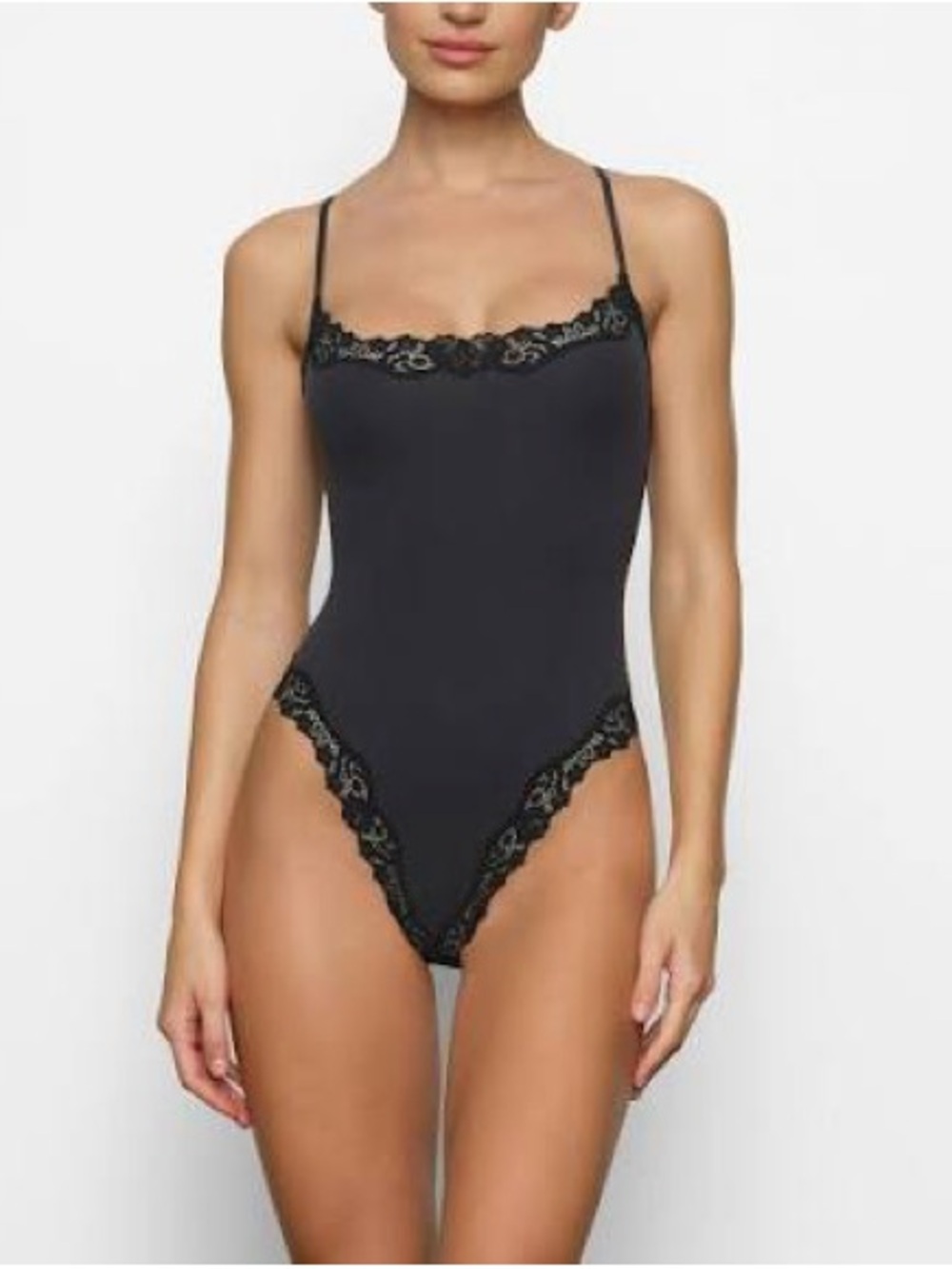 SKIMS Black Lace-Trim Bodysuit with Label Detail